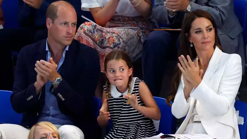 Princess Charlotte shows off her silly face at the Commonwealth Games.